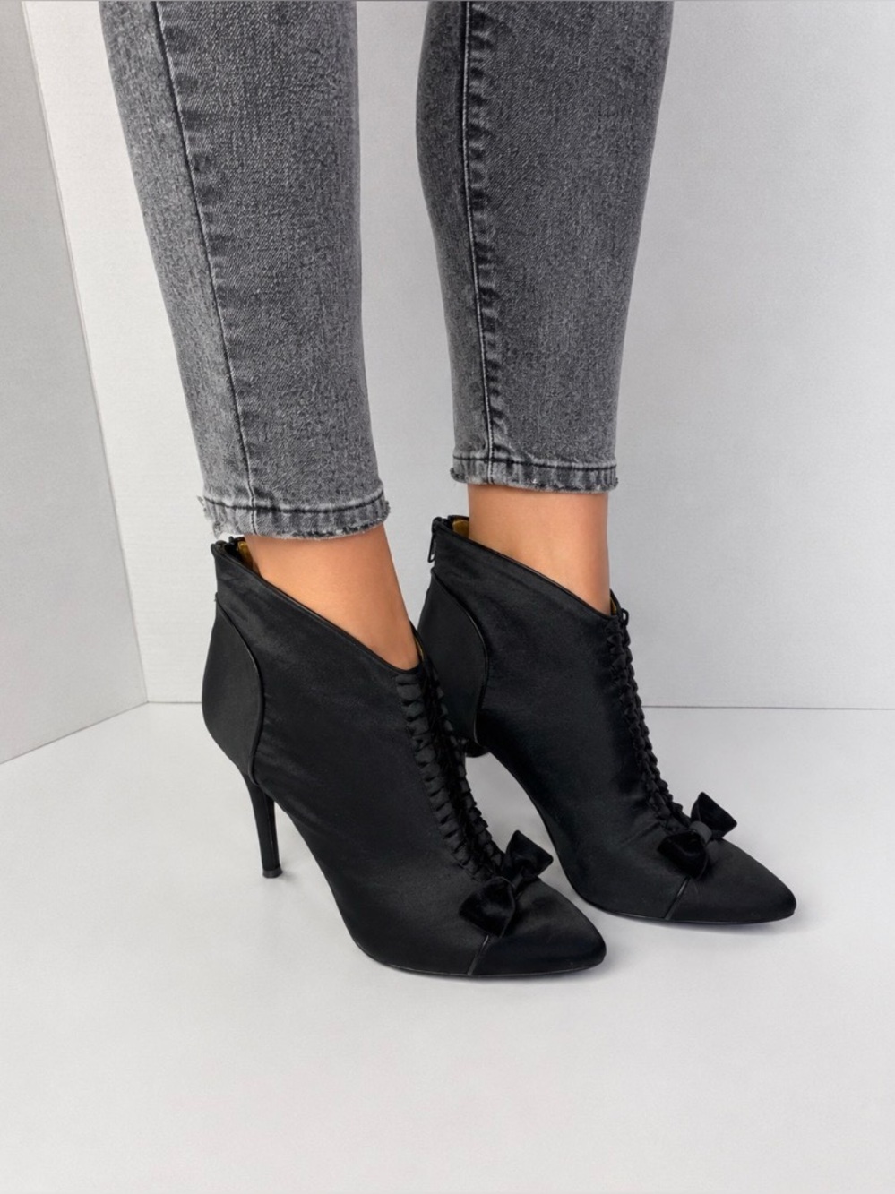 Hale Bob Classic Black satin Ankle Booties with velvet Bow